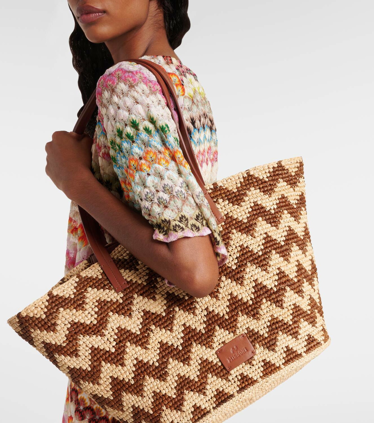 Missoni Zigzag Large leather-trimmed raffia tote bag Missoni