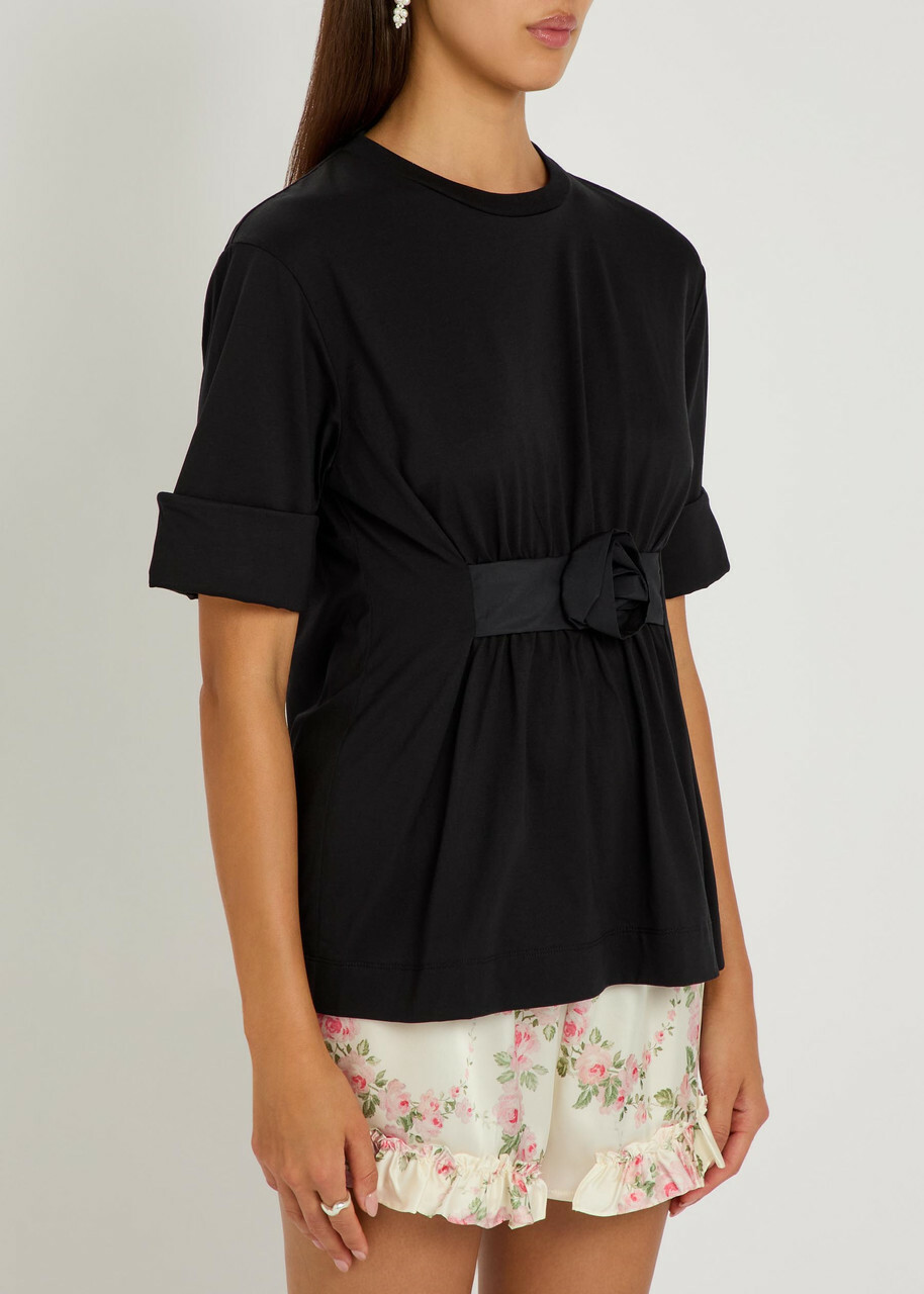 Simone Rocha Gathered Floral-appliquéd Cotton T-shirt Black