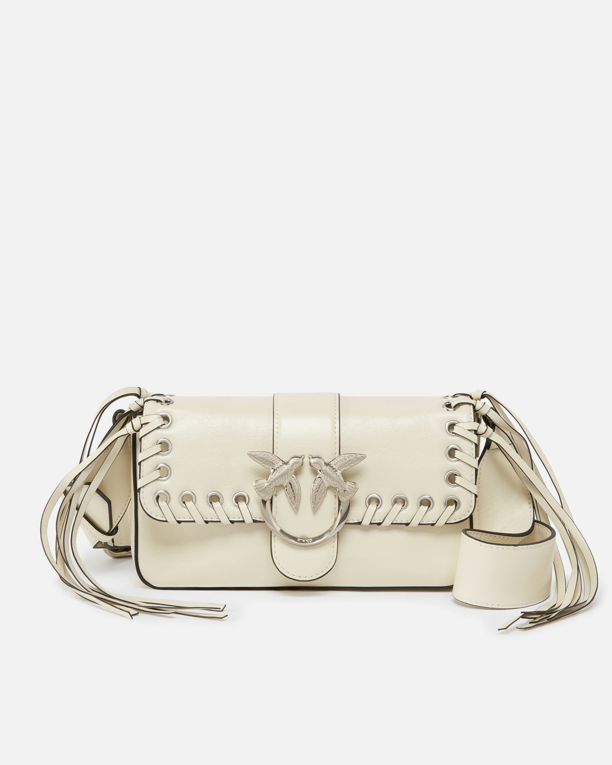 Pinko Soft Love Bag Slouchy Shoulder Bag With Fringes Silk White Brushed Silver