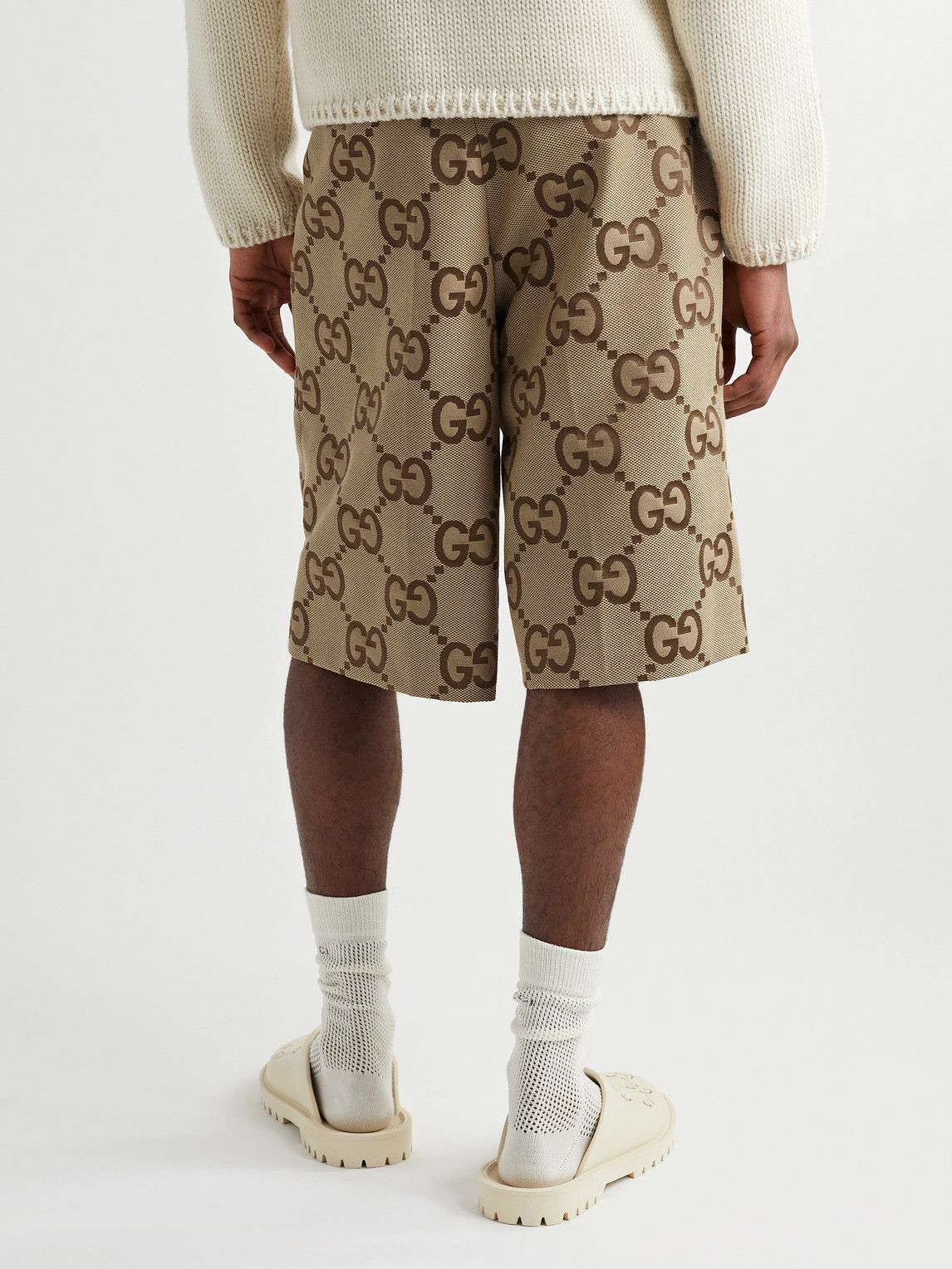 GUCCI - Wide-Leg Pleated Logo-Jacquard Cotton-Blend Shorts