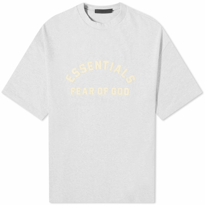 Photo: Fear of God ESSENTIALS Men's Spring Printed Logo T-Shirt in Light Heather Grey
