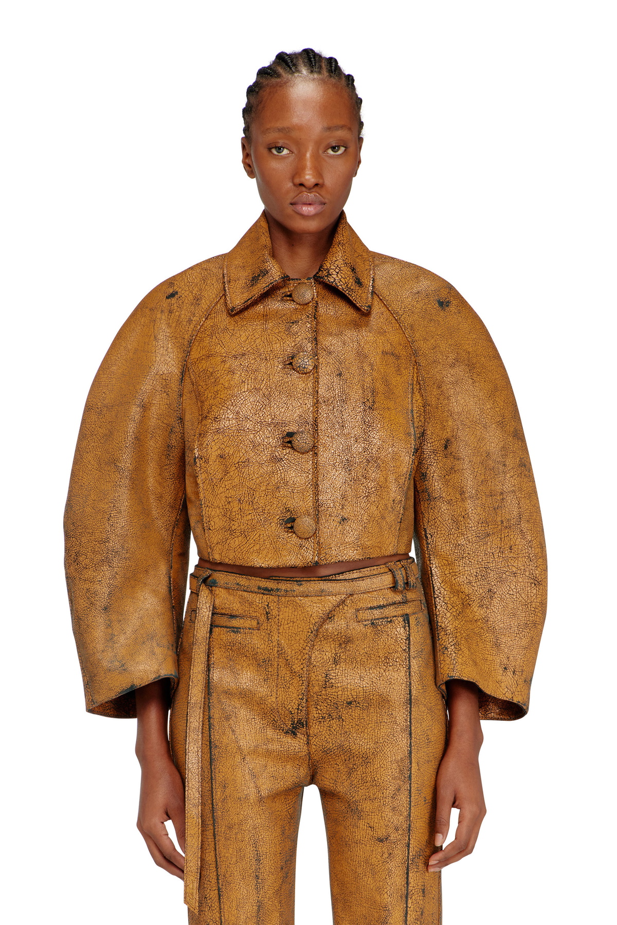 Diesel Cropped cocoon jacket in crackle leather - Leather jackets Womens in Brown
