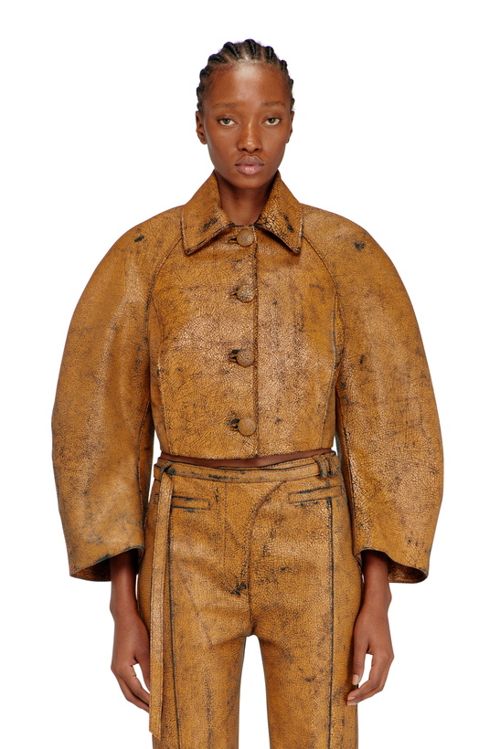 Photo: Diesel Cropped cocoon jacket in crackle leather - Leather jackets Womens in Brown