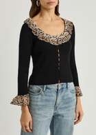 Rixo Laurel Leopard-trimmed Wool Cardigan Black