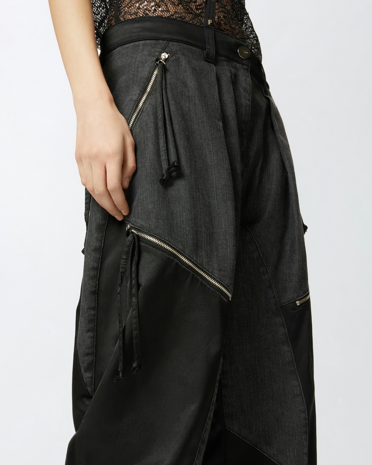 Pinko P Pants In Black Denim And Satin With Zip Limo Black
