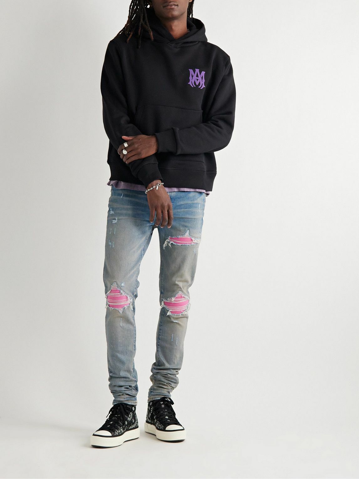 AMIRI - MX1 Skinny-Fit Ultrasuede®-Panelled Distressed Jeans