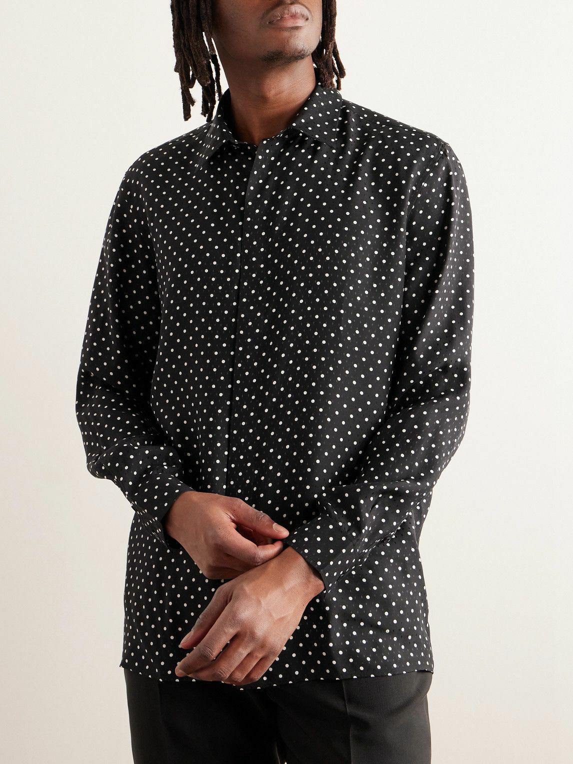 24AW new/Saint Laurent ジャカードシルクシャツ Shirt Black 23AW】SAINT LAURENT_men / シルク リボン付き長袖シャツ (Saint