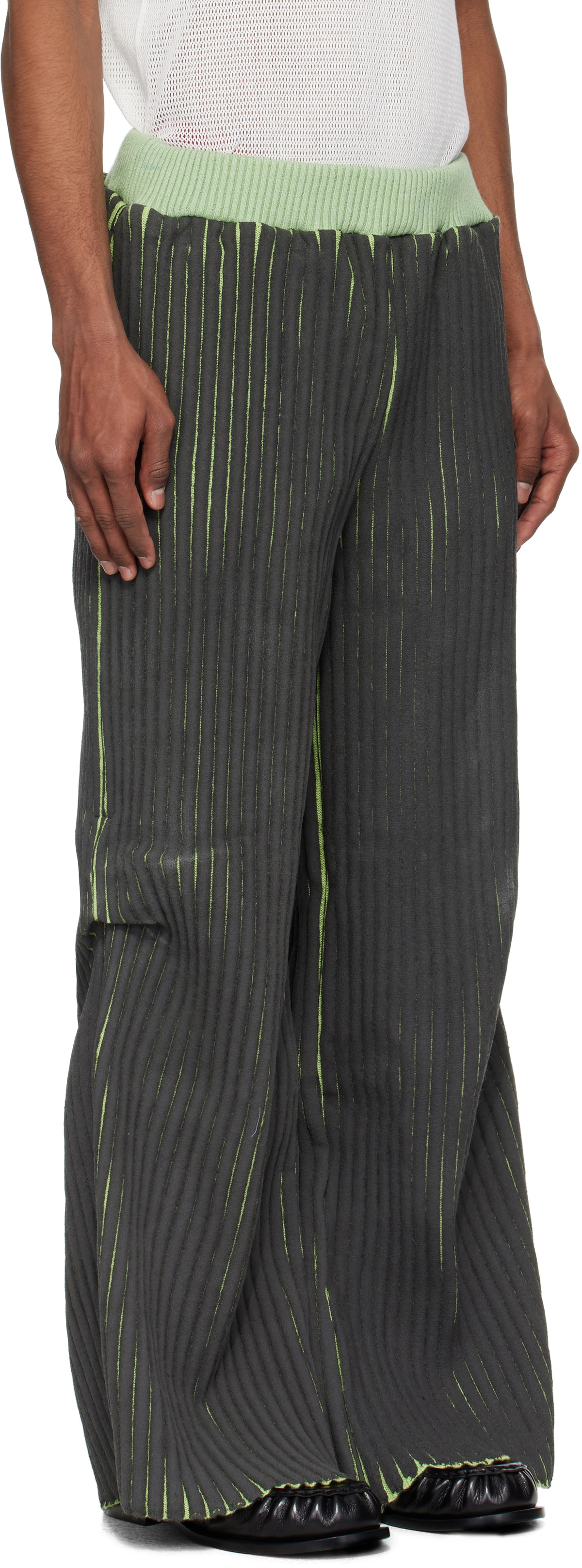 Stanley Raffington Black & Green Warped Ribbed Trousers