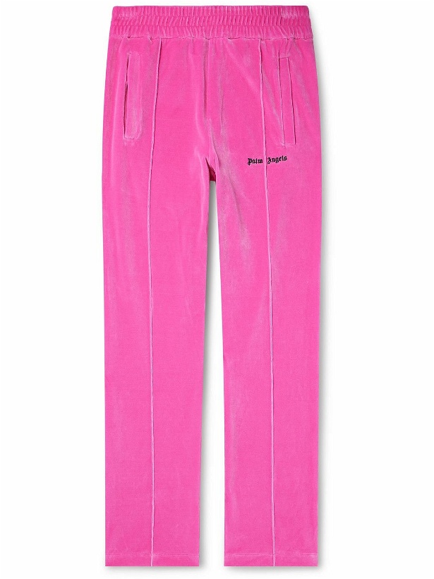 Photo: Palm Angels - Slim-Fit Straight-Leg Logo-Embroidered Cotton-Blend Velvet Sweatpants - Pink