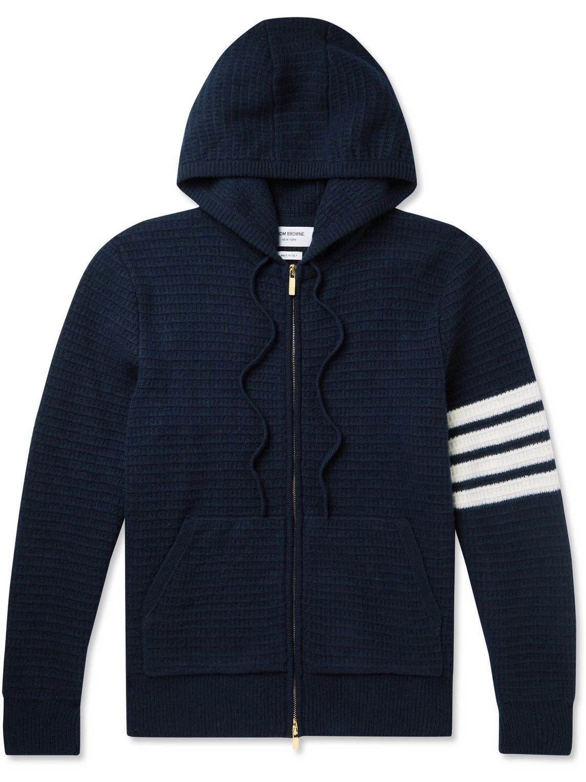 Thom Browne - Striped Waffle-Knit Wool and Cashmere-Blend Zip-Up Hoodie -  Blue Thom Browne
