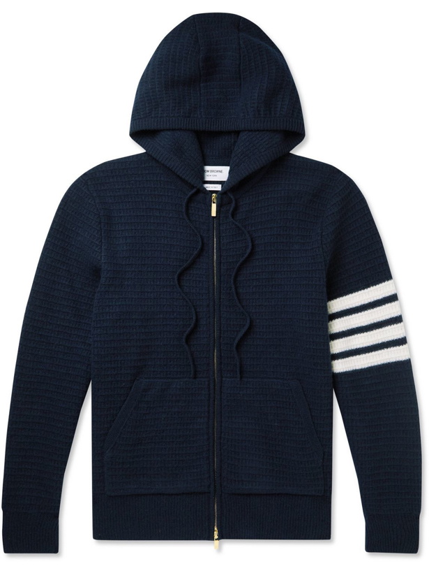 Photo: Thom Browne - Striped Waffle-Knit Wool and Cashmere-Blend Zip-Up Hoodie - Blue