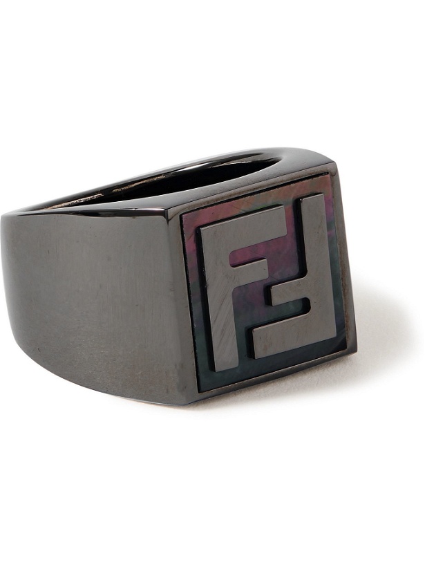 Photo: FENDI - Logo-Detailed Ruthenium-Tone and Mother-of-Pearl Signet Ring - Silver