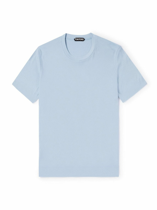 Photo: TOM FORD - Placed Rib Lyocell and Cotton-Blend T-Shirt - Blue