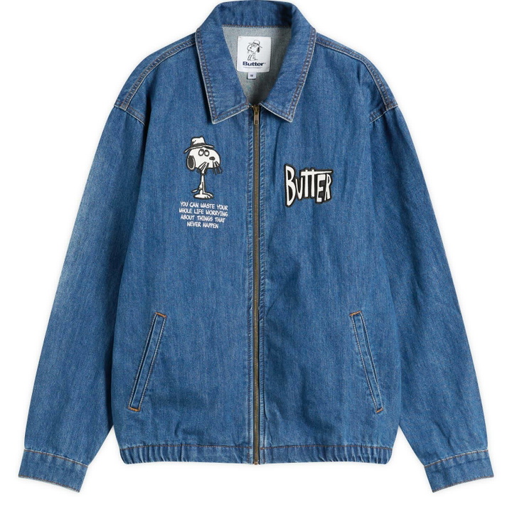 Photo: Butter Goods Men's x Peanuts Spike Denim Jacket in Distressed Indigo