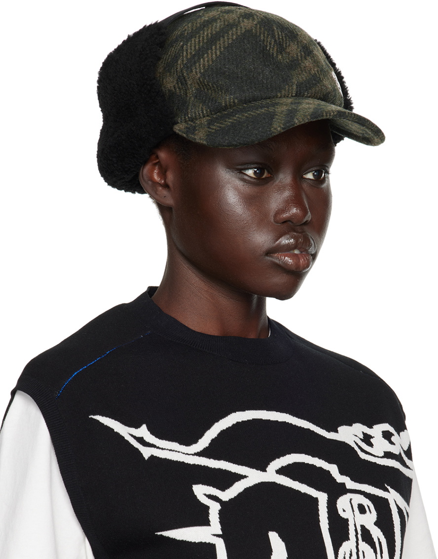 Burberry Green Shearling Trim Corduroy Trapper Cap Burberry