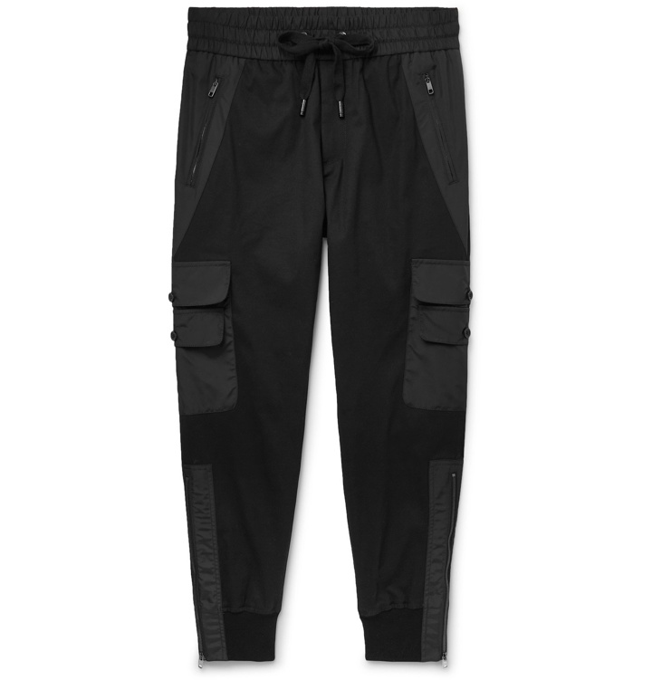 Photo: Dolce & Gabbana - Black Tapered Gabardine Panelled Cotton-Blend Twill Drawstring Trousers - Black