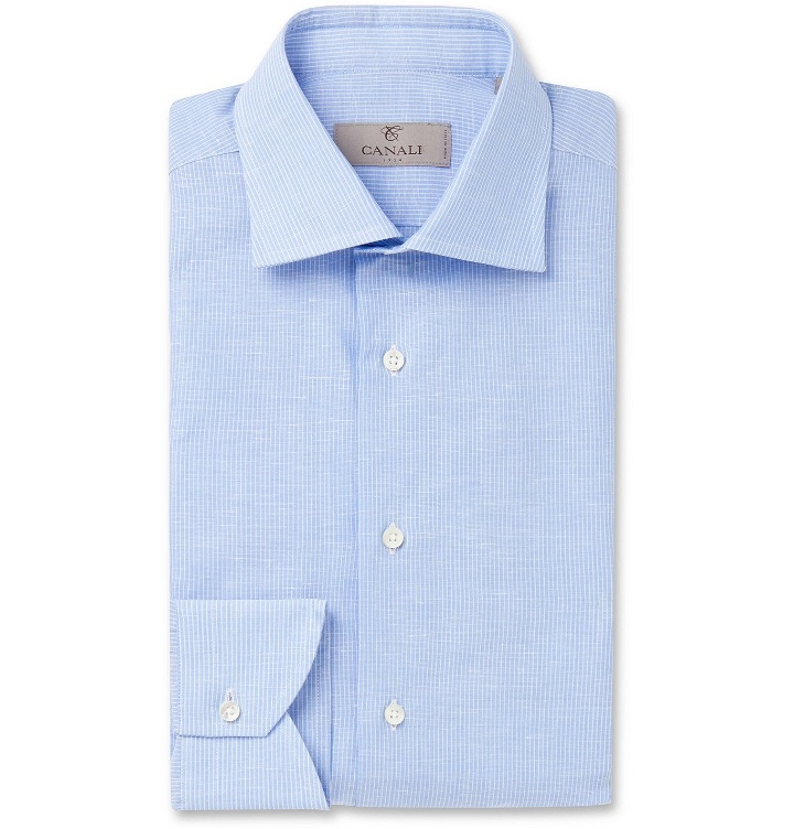 Photo: Canali - Striped Slub Cotton and Linen-Blend Shirt - Blue
