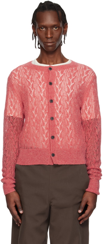 Photo: Dries Van Noten Pink Open-Knit Cardigan