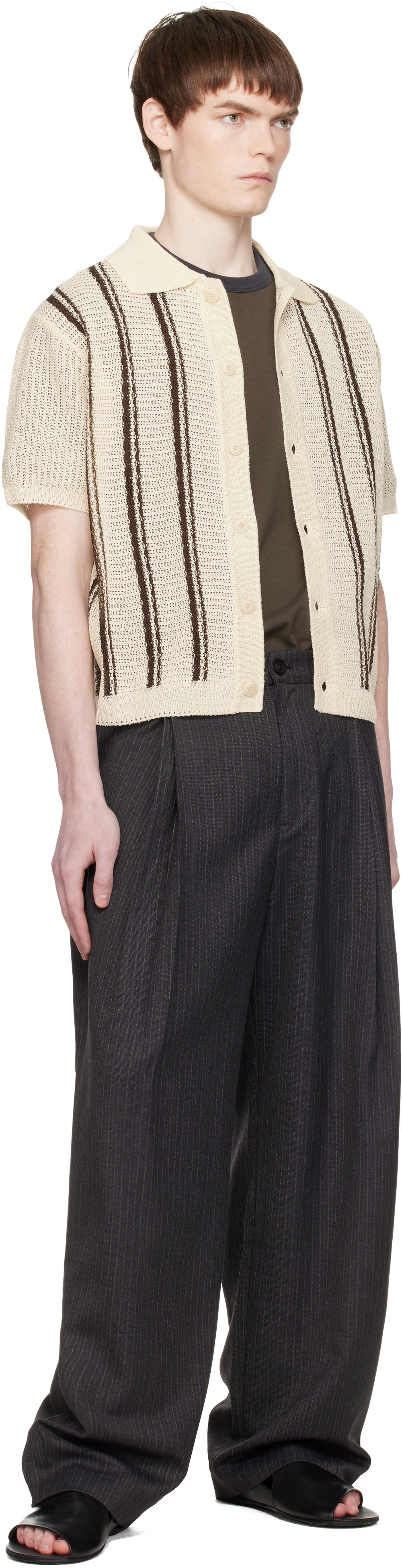 COOR Off-White Double Pin Striped Half Cardigan Shirt