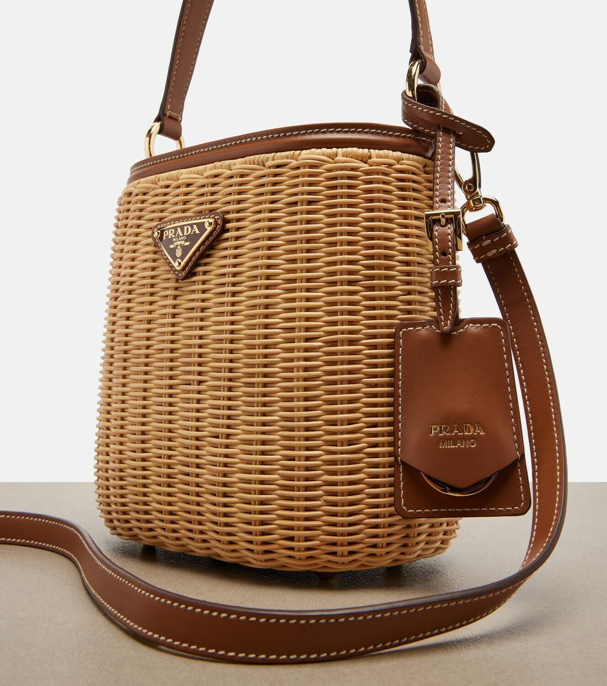 Prada Leather-trimmed wicker bucket bag
