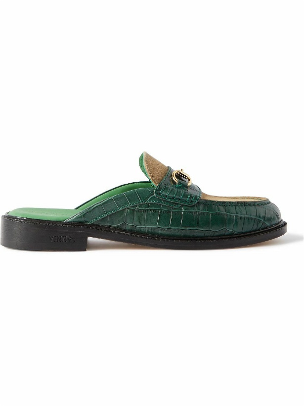 Photo: VINNY's - Suede-Trimmed Croc-Effect Leather Backless Loafers - Green