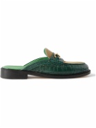 VINNY's - Suede-Trimmed Croc-Effect Leather Backless Loafers - Green