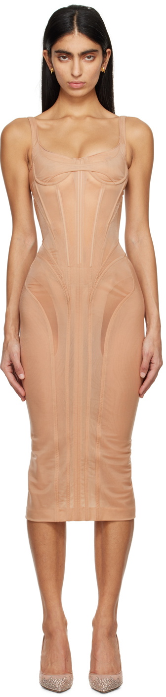 Mugler Beige Corseted Midi Dress Mugler Mugler Beige Corseted Midi Dress Mugler