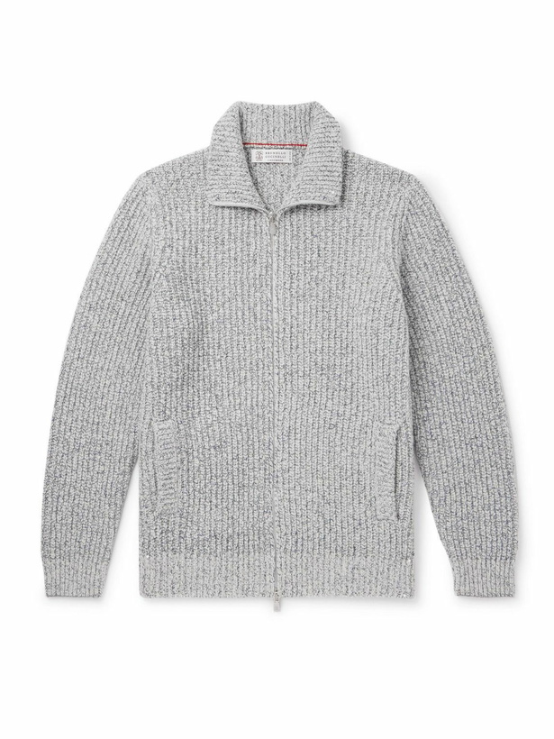 Photo: Brunello Cucinelli - Ribbed Wool, Silk and Cashmere-Blend Zip-Up Cardigan - Neutrals