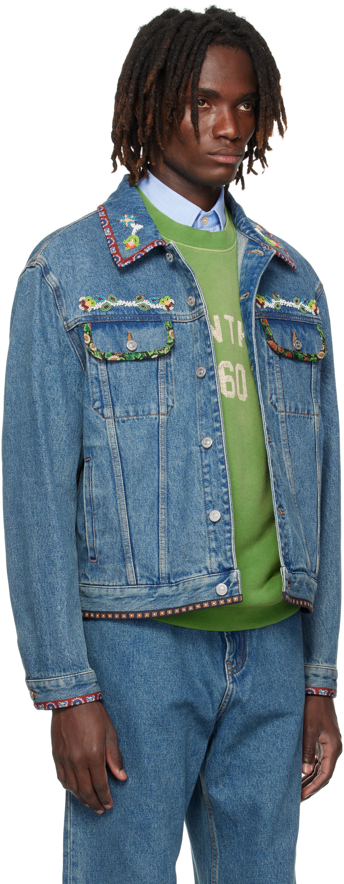Valentino Blue Beaded Embroidery & Printed Edges Denim Jacket