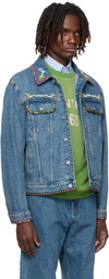 Valentino Blue Beaded Embroidery & Printed Edges Denim Jacket