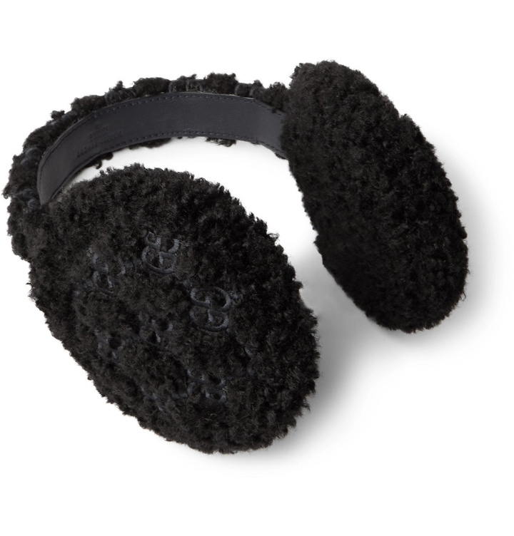 Photo: GUCCI - Leather-Trimmed Monogrammed Faux Shearling Ear Muffs - Black