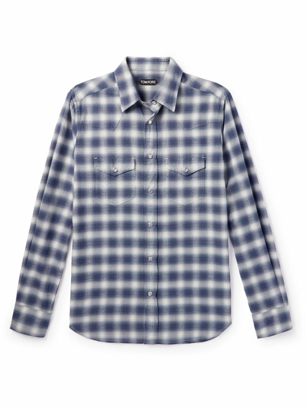 Photo: TOM FORD - Shadow Checked Cotton-Poplin Western Shirt - Blue