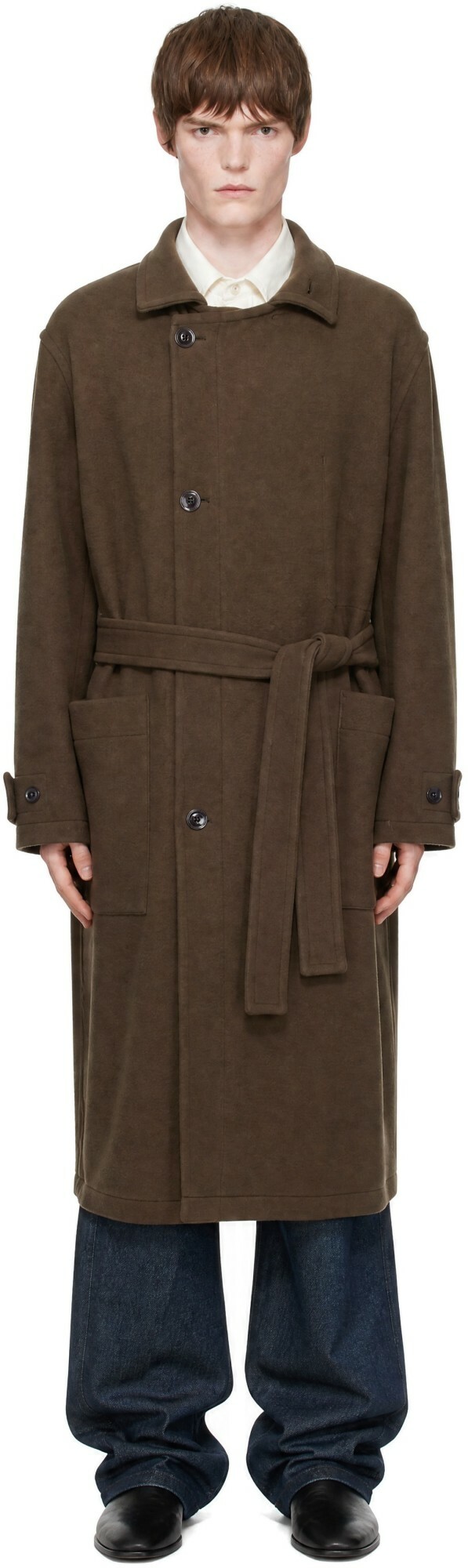 LEMAIRE Brown Wrap Double Wool Coat