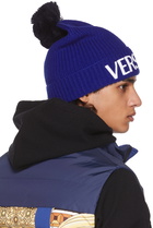 Versace Blue Wool Logo Beanie