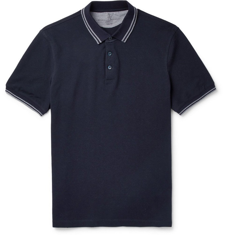 Photo: Brunello Cucinelli - Slim-Fit Contrast-Tipped Cotton-Piqué Polo Shirt - Men - Navy