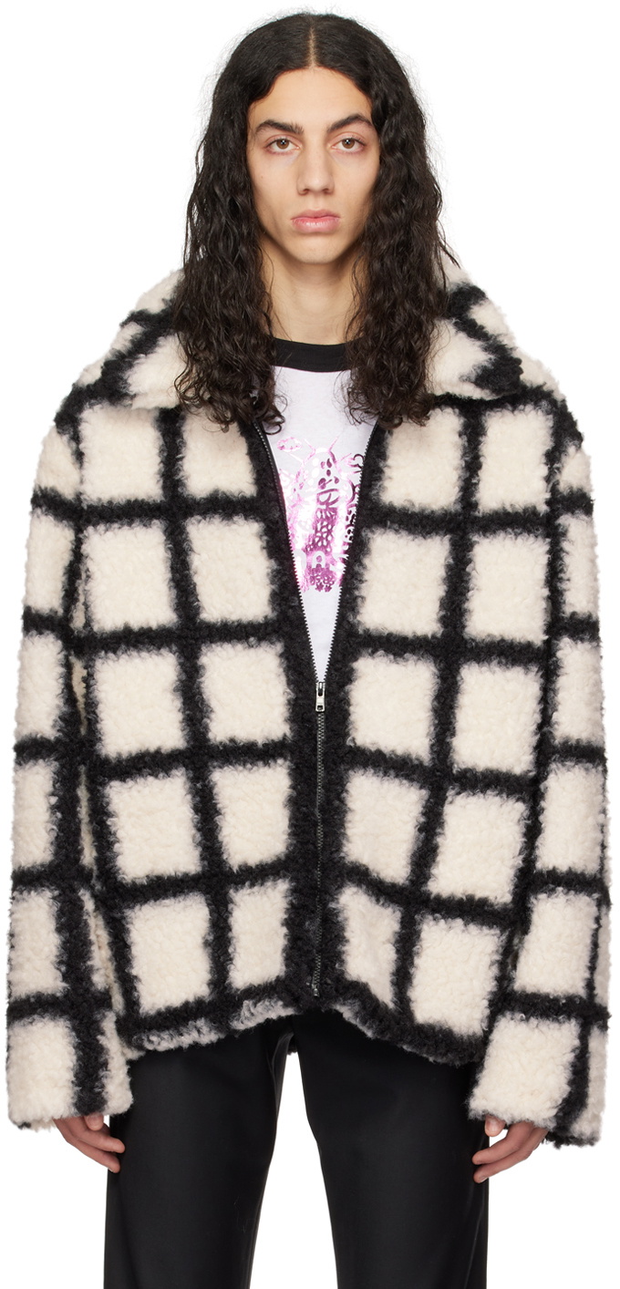Anna Sui SSENSE Exclusive White & Black Windowpane Faux-Fur Jacket Anna Sui