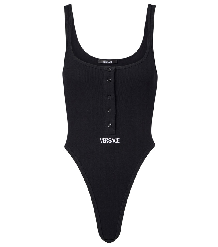 Photo: Versace Ribbed-knit logo cotton-blend bodysuit