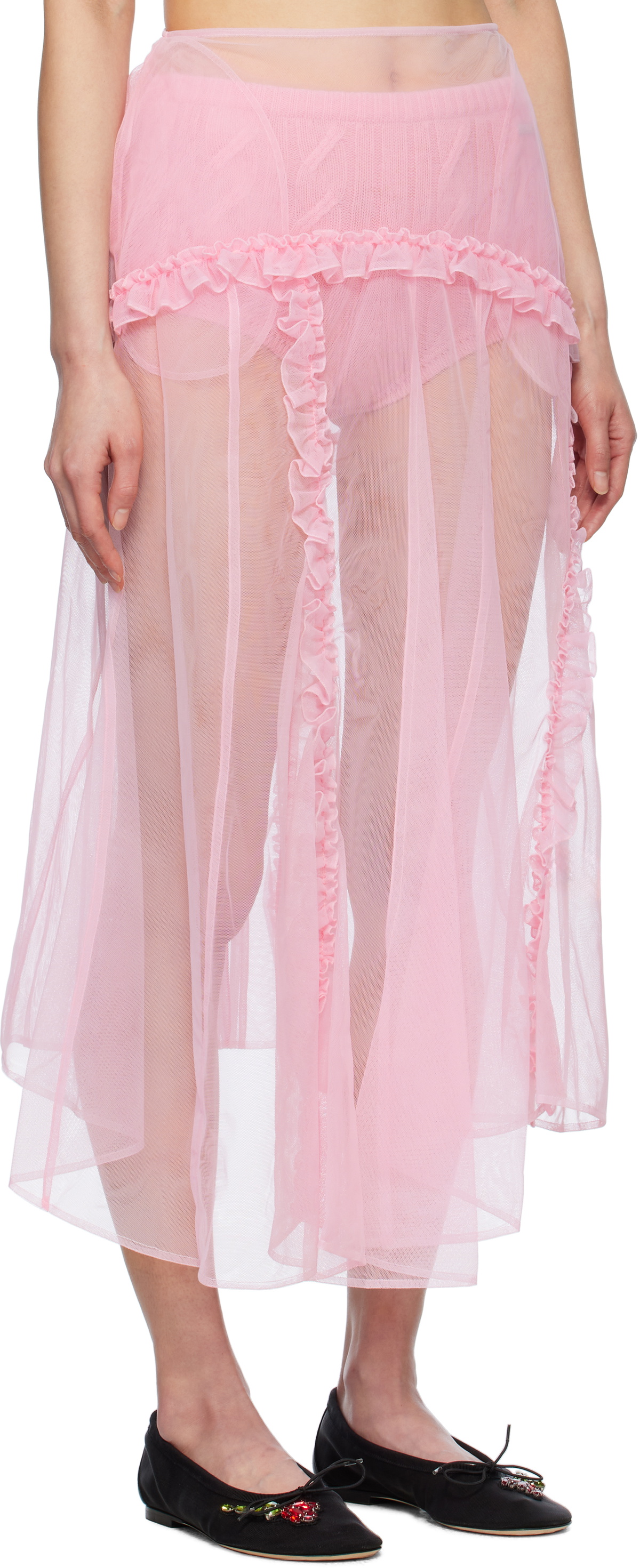 Simone Rocha Pink Sheer Ruffle Frill Multi Seam Midi Skirt Simone Rocha