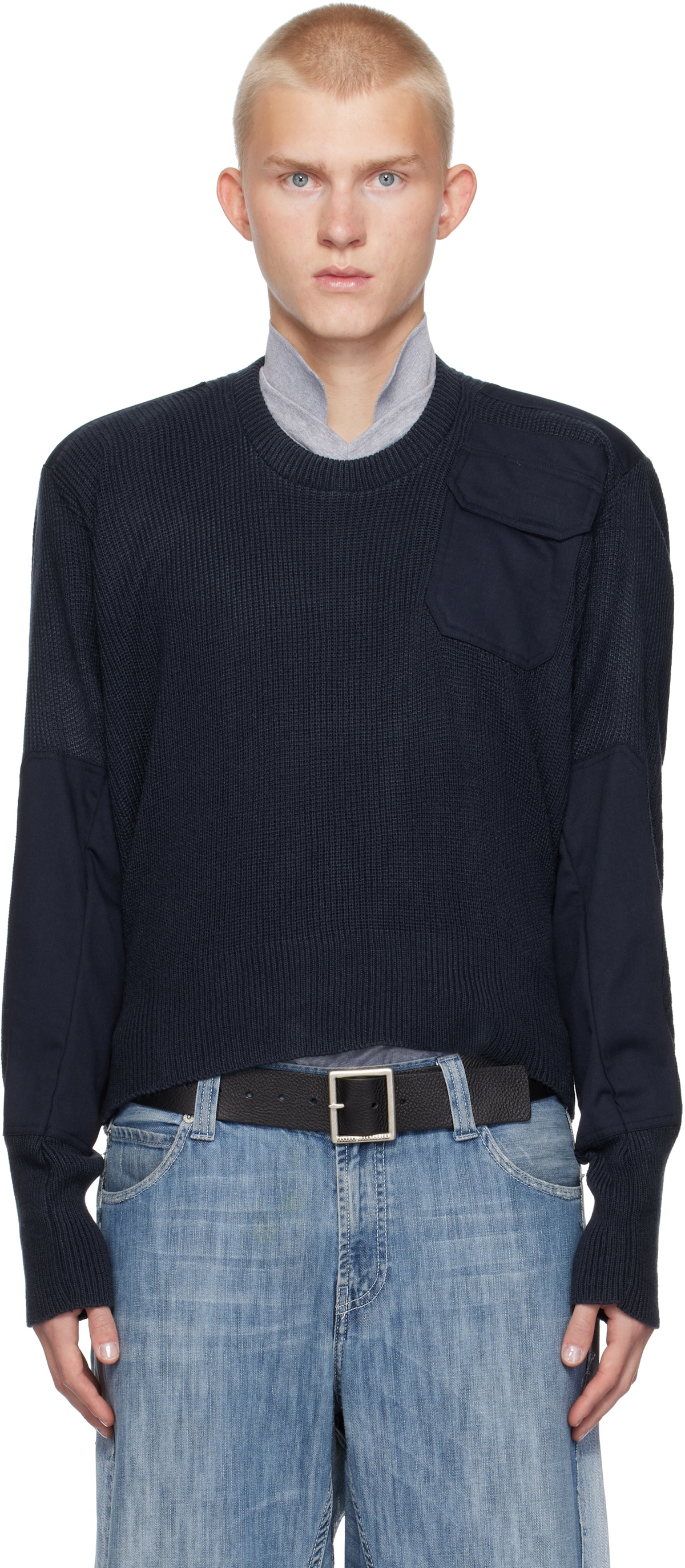 Prototypes Navy Moved Neckline Military Knit Sweater PROTOTYPES