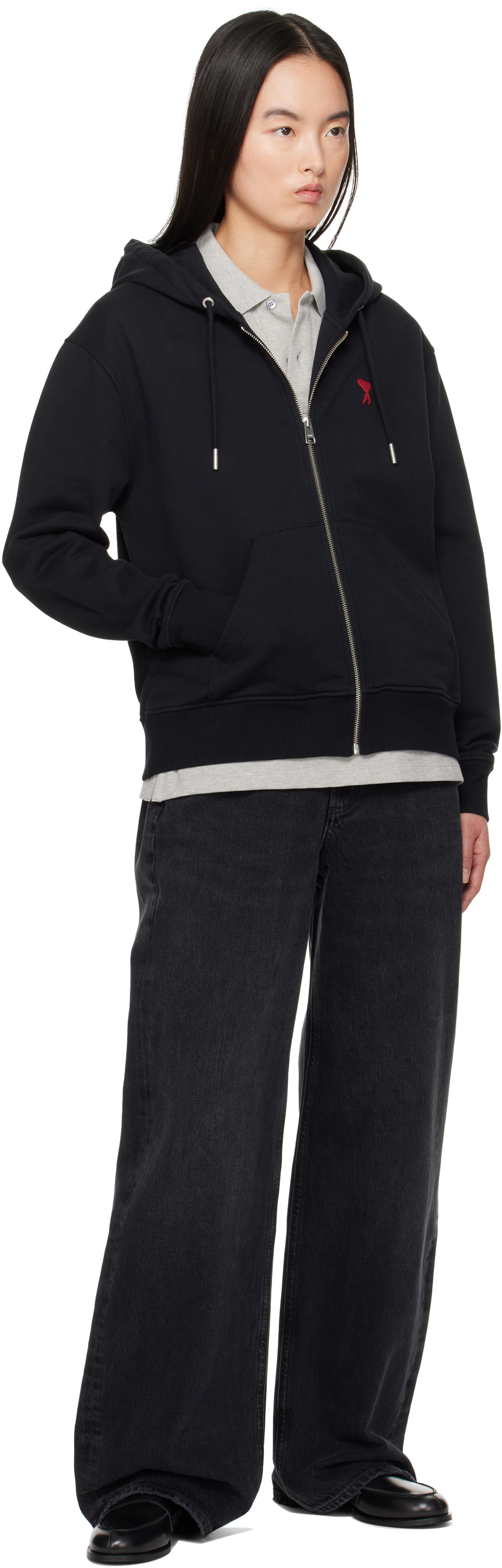 AMI Paris Black Cotton Ami de Coeur Zipped Hoodie AMI