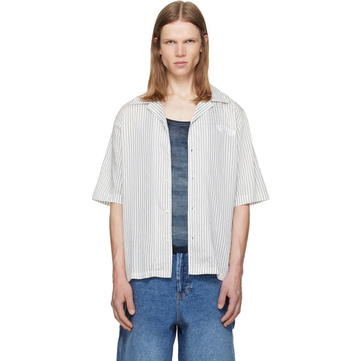 Diesel White & Gray Half-Sleeve Pinstripe Modal Shirt