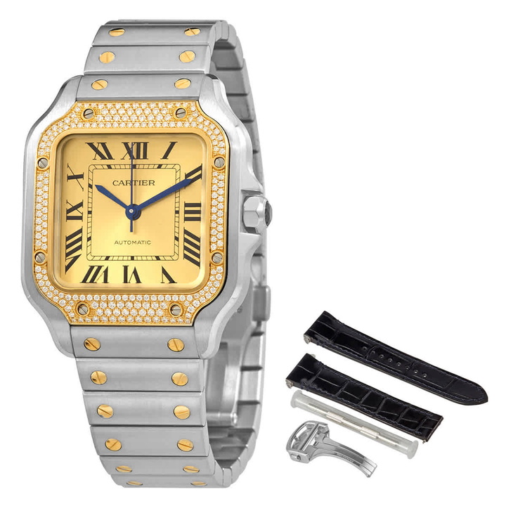 Photo: Cartier Santos Medium Model 18k Yellow Gold Steel Diamond Automatic Diamond Watch W3SA0007