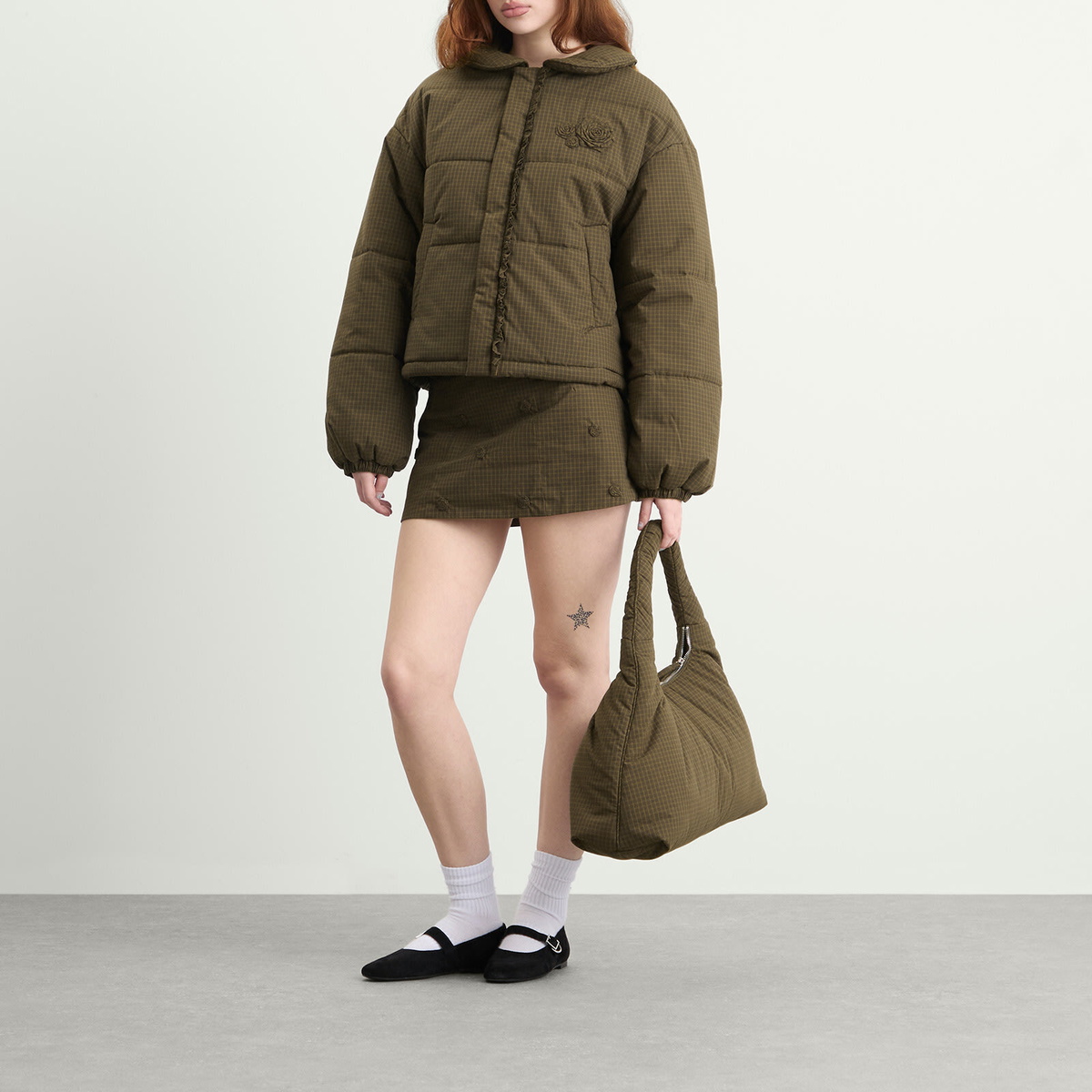My Mum Made It Women's Rosette Puffer Jacket in Ivy Check