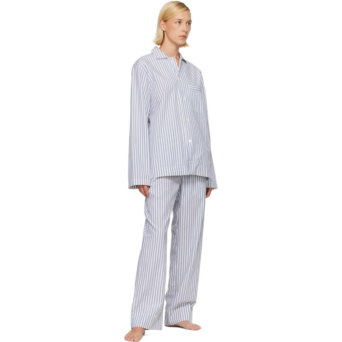 Tekla Blue & White Poplin Long-Sleeved Pyjama Shirt