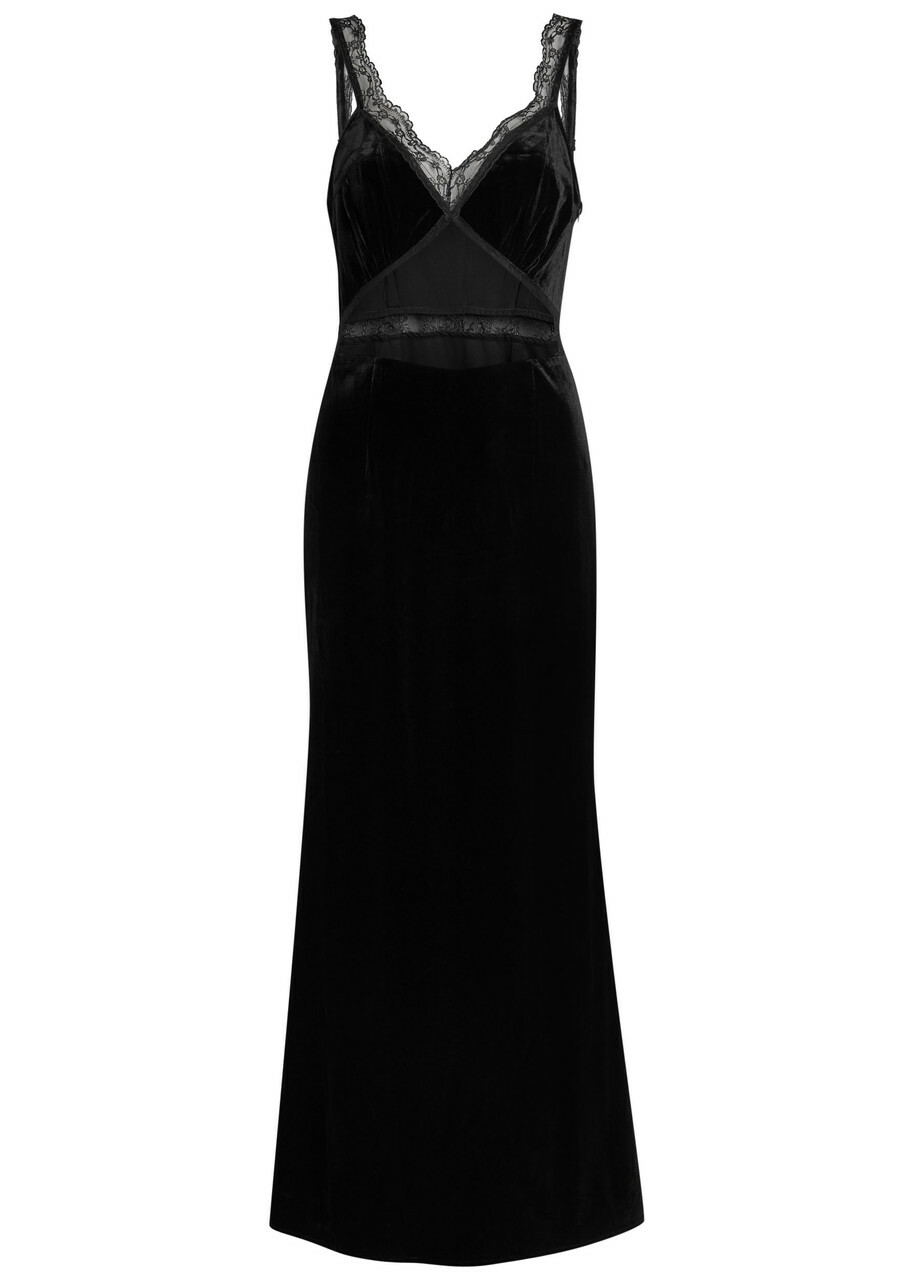 Never Fully Dressed Lace-embellished Velvet Midi Dress Black