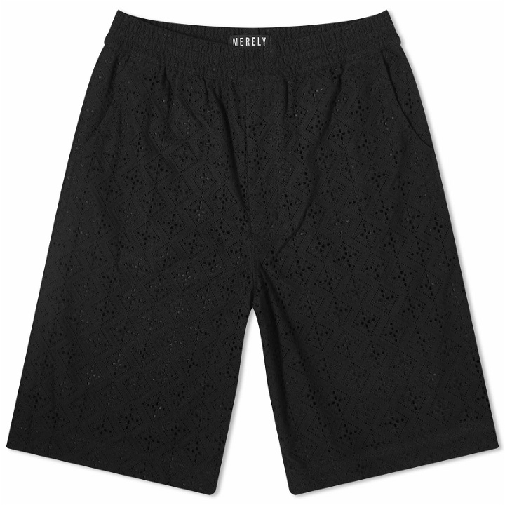 Photo: Merely Made Men's Floral Cutwork Wide Leg Shorts in Black