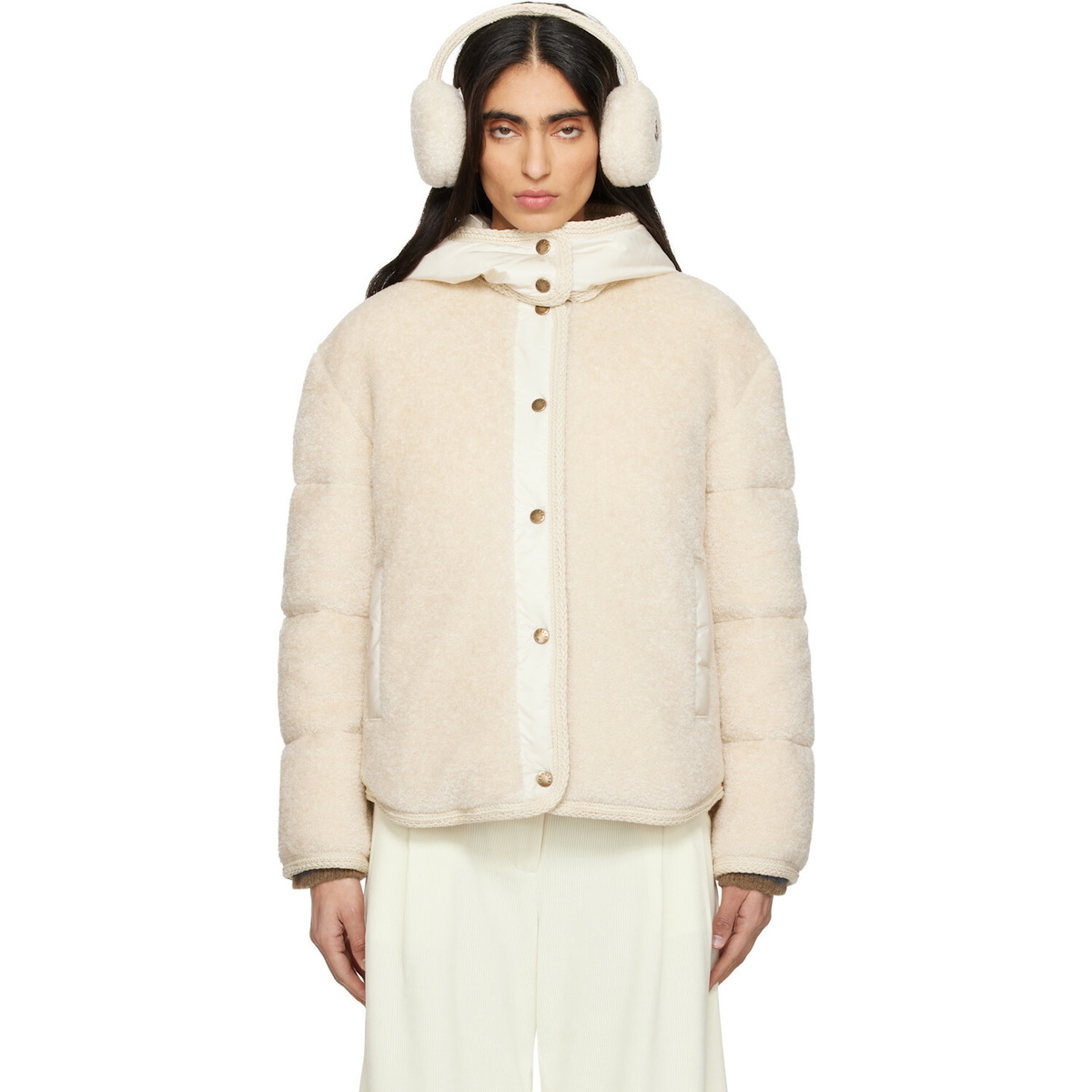 Moncler Beige Ciboulette Braided Trim Teddy Hooded Down Jacket