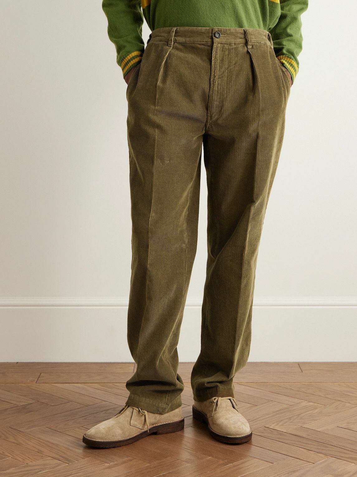 Drake's - Games Tapered Pleated Cotton-Corduroy Trousers - Green