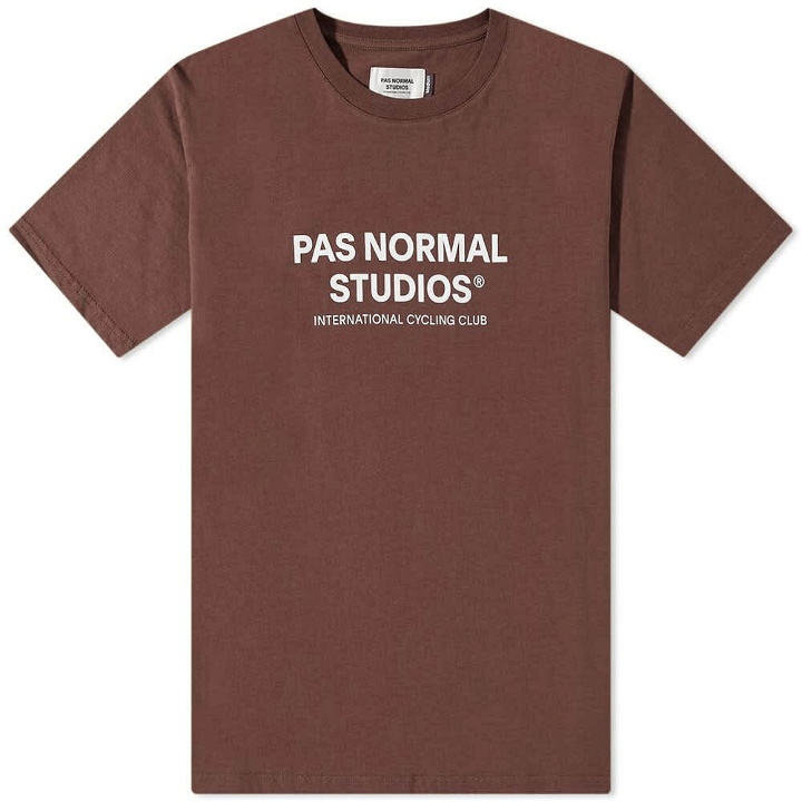 Photo: Pas Normal Studios Men's Off-Race Logo T-Shirt in Deep Brown