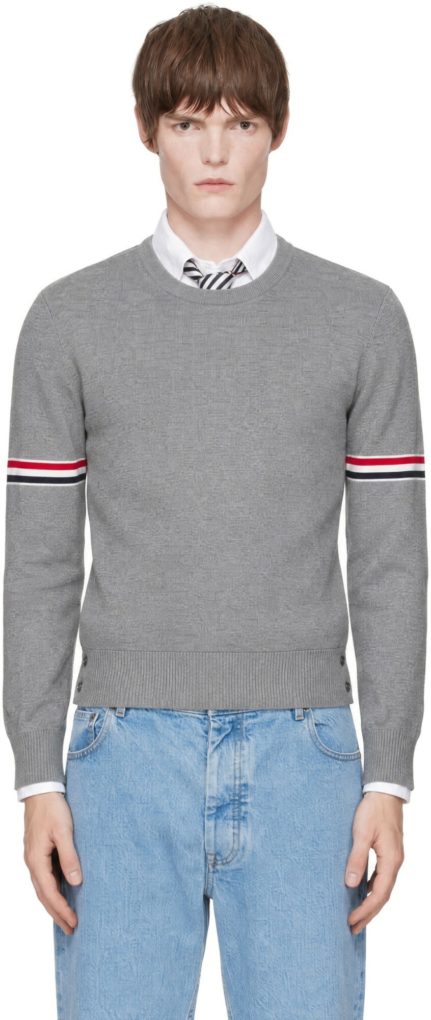 Thom Browne Gray Milano Stitch Pullover RWB Armband Sweater